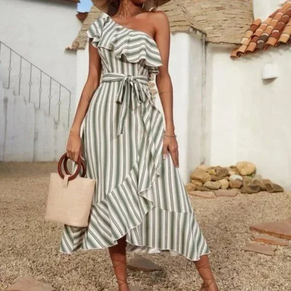 Striped ruffle hem belted one shoulder midi dress Boho - Picture 5 of 6